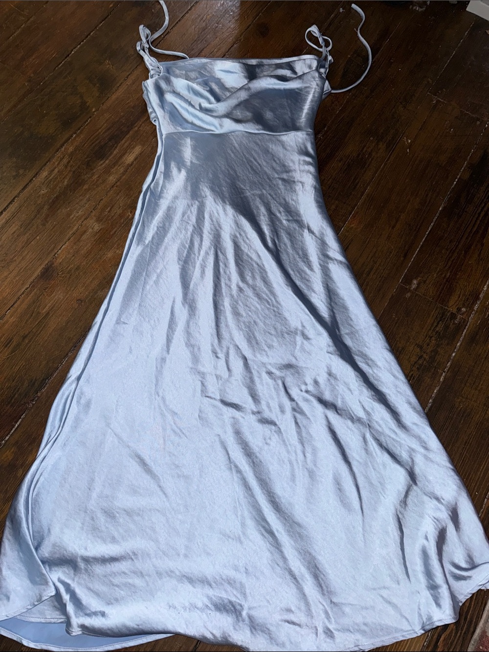 Light Blue Satin Maxi Slip Dress with Adjustable Spaghetti Straps